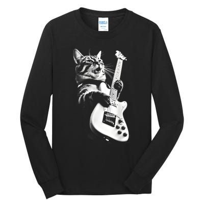 Rock Cat Playing Guitar Funny Guitar Cat Guitarist Tall Long Sleeve T-Shirt