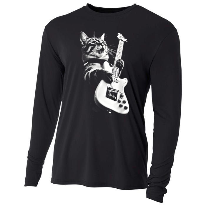 Rock Cat Playing Guitar Funny Guitar Cat Guitarist Cooling Performance Long Sleeve Crew