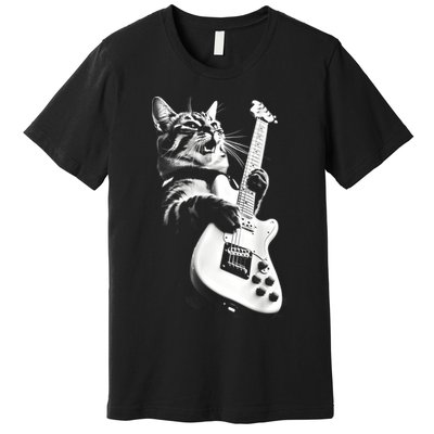 Rock Cat Playing Guitar Funny Guitar Cat Guitarist Premium T-Shirt