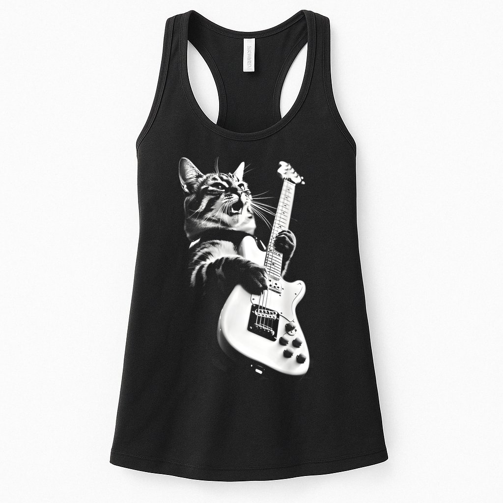 Rock Cat Playing Guitar Funny Guitar Cat Guitarist Womens Tank Top