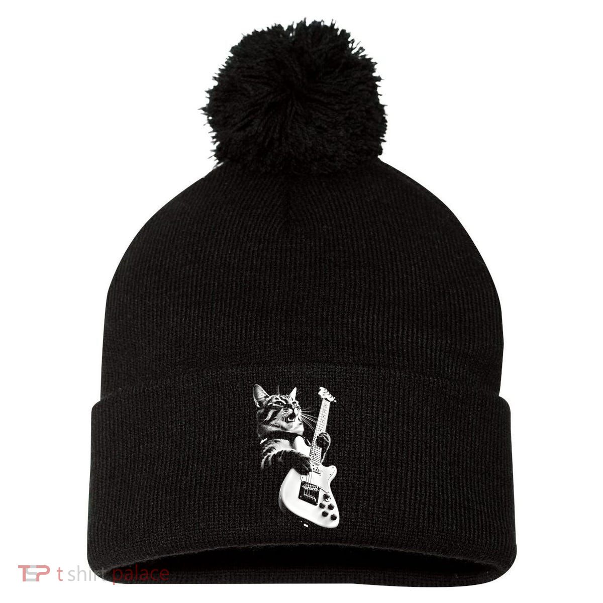Rock Cat Playing Guitar Funny Guitar Cat Guitarist Pom Pom 12in Knit Beanie