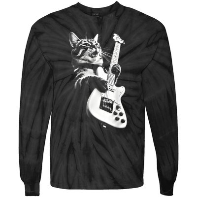 Rock Cat Playing Guitar Funny Guitar Cat Guitarist Tie-Dye Long Sleeve Shirt