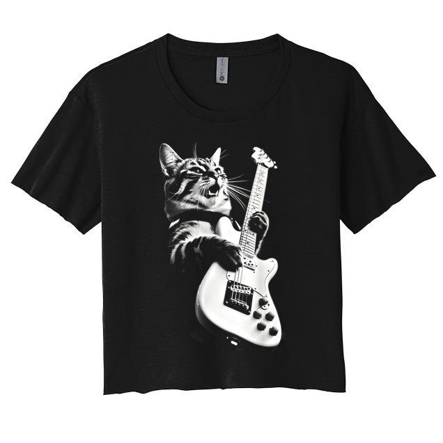 Rock Cat Playing Guitar Funny Guitar Cat Guitarist Crop Top