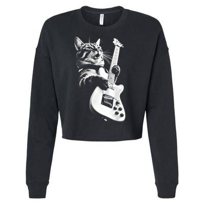 Rock Cat Playing Guitar Funny Guitar Cat Guitarist Cropped Pullover Crew