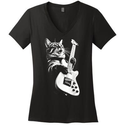 Rock Cat Playing Guitar Funny Guitar Cat Guitarist Women's V-Neck T-Shirt