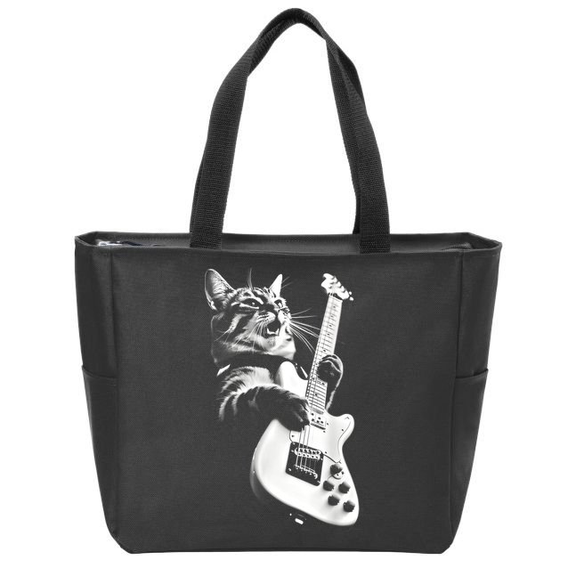 Rock Cat Playing Guitar Funny Guitar Cat Guitarist Zip Tote Bag