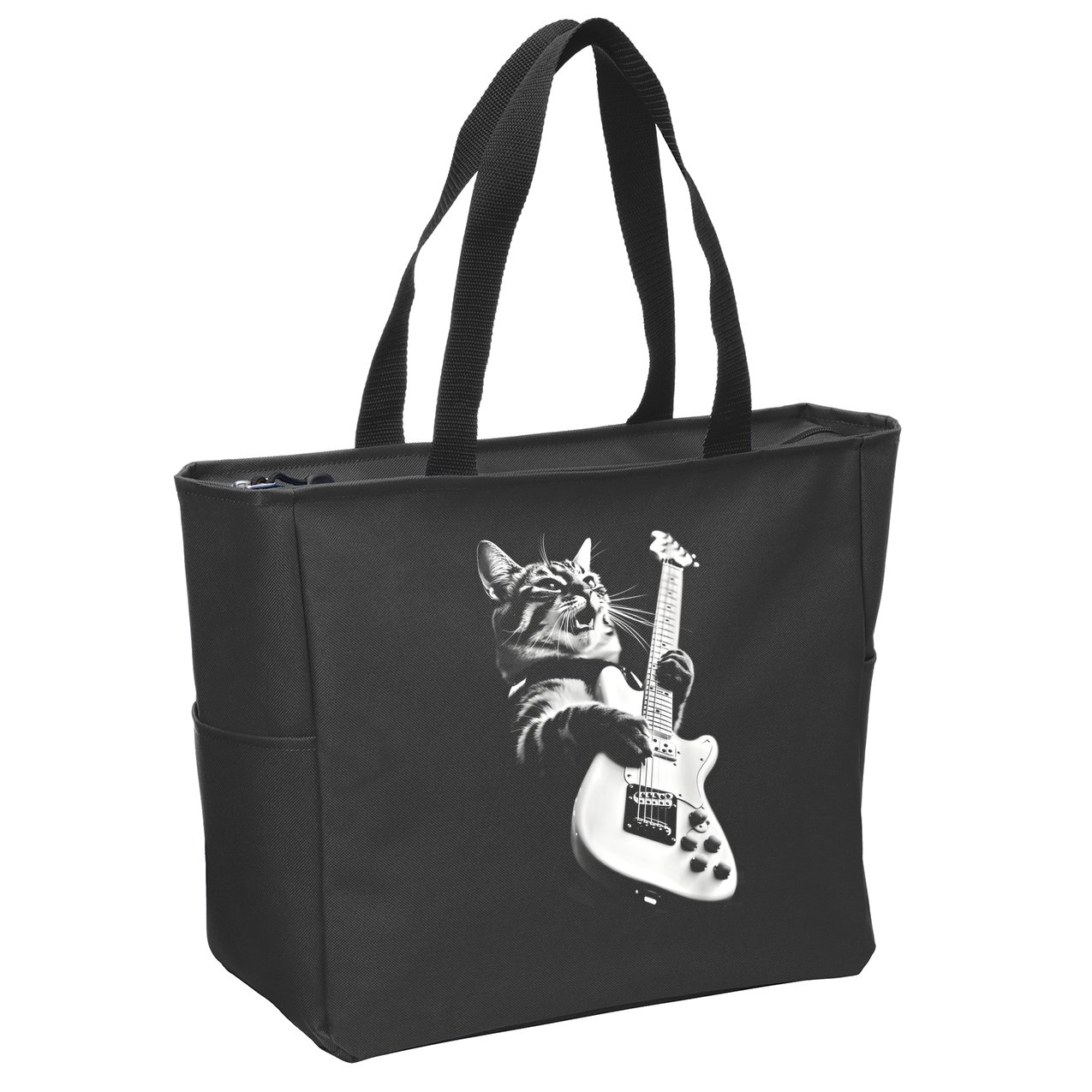 Rock Cat Playing Guitar Funny Guitar Cat Guitarist Zip Tote Bag