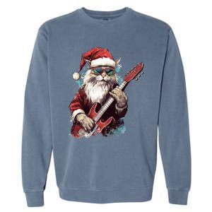 Rock Cat Playing Guitar Funny Christmas Santa Claus Gift Garment-Dyed Sweatshirt