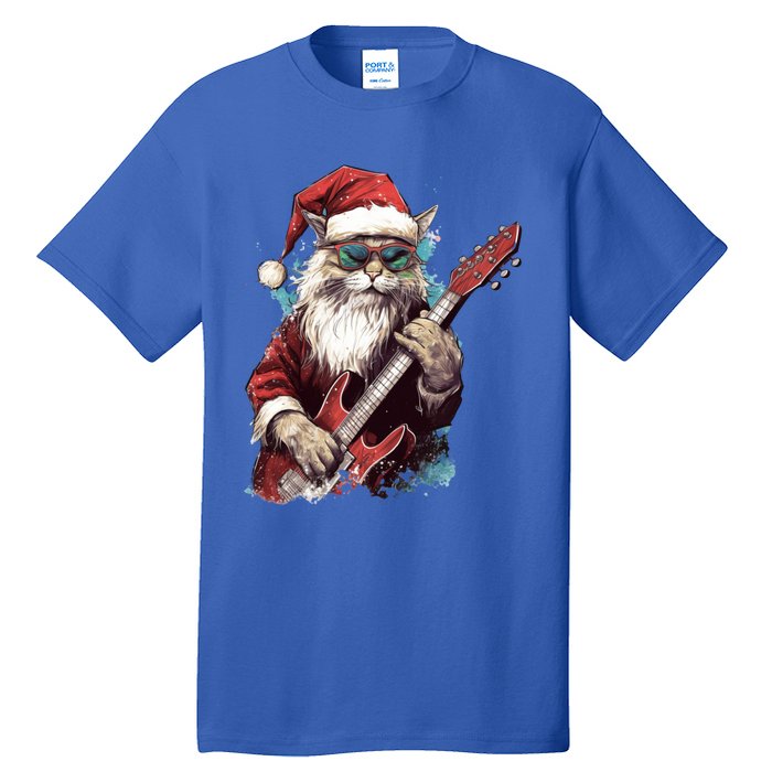 Rock Cat Playing Guitar Funny Christmas Santa Claus Gift Tall T-Shirt