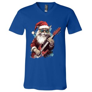 Rock Cat Playing Guitar Funny Christmas Santa Claus Gift V-Neck T-Shirt