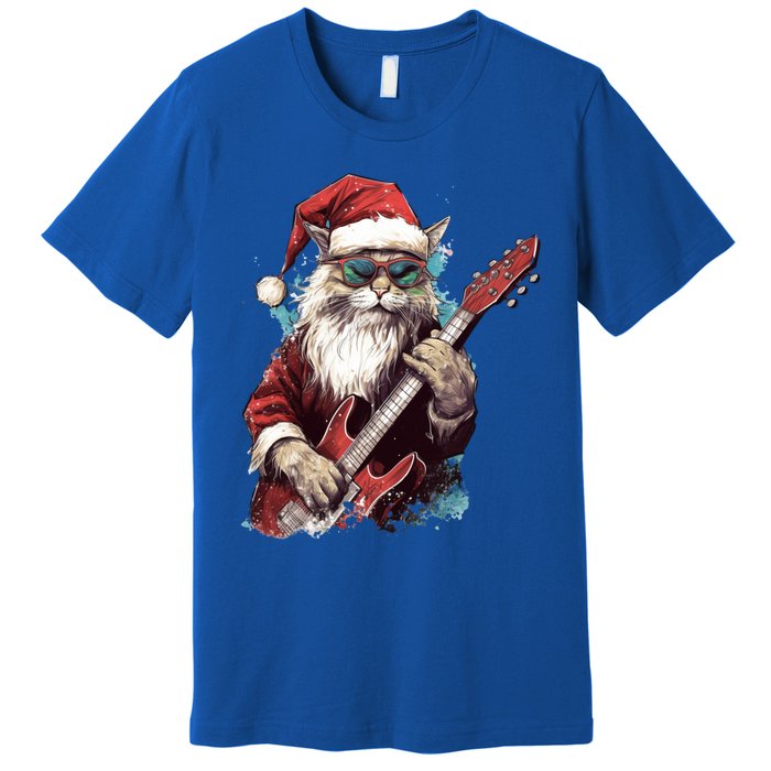 Rock Cat Playing Guitar Funny Christmas Santa Claus Gift Premium T-Shirt