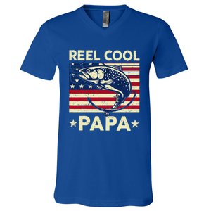 Reel Cool Papa Fathers Day Trout Fishing Gift Dad Grandpa V-Neck T-Shirt