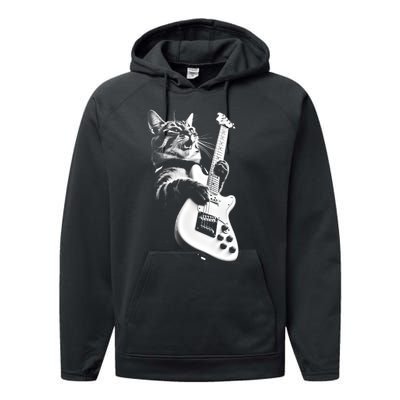 Rock Cat Playing Guitar Funny Guitar Cat Performance Fleece Hoodie