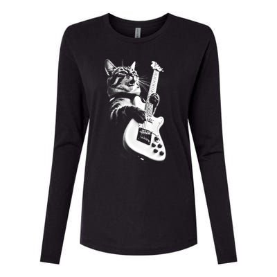 Rock Cat Playing Guitar Funny Guitar Cat Womens Cotton Relaxed Long Sleeve T-Shirt