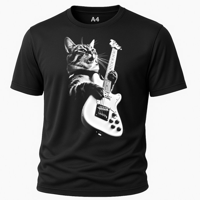 Rock Cat Playing Guitar Funny Guitar Cat Cooling Performance Crew T-Shirt