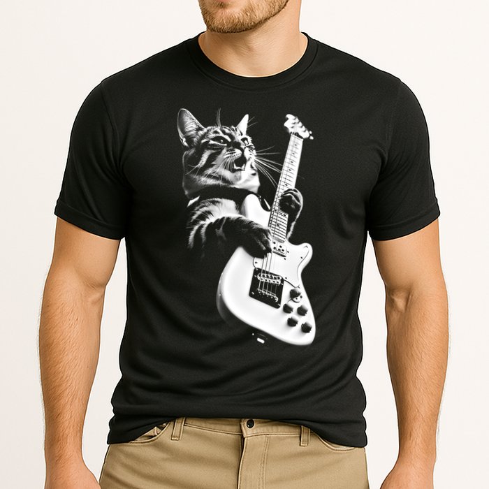 Rock Cat Playing Guitar Funny Guitar Cat Cooling Performance Crew T-Shirt