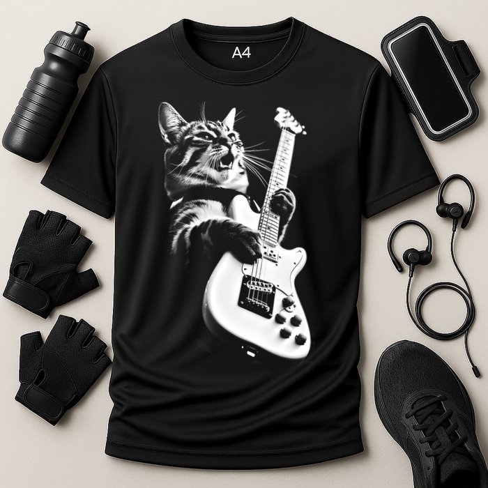 Rock Cat Playing Guitar Funny Guitar Cat Cooling Performance Crew T-Shirt