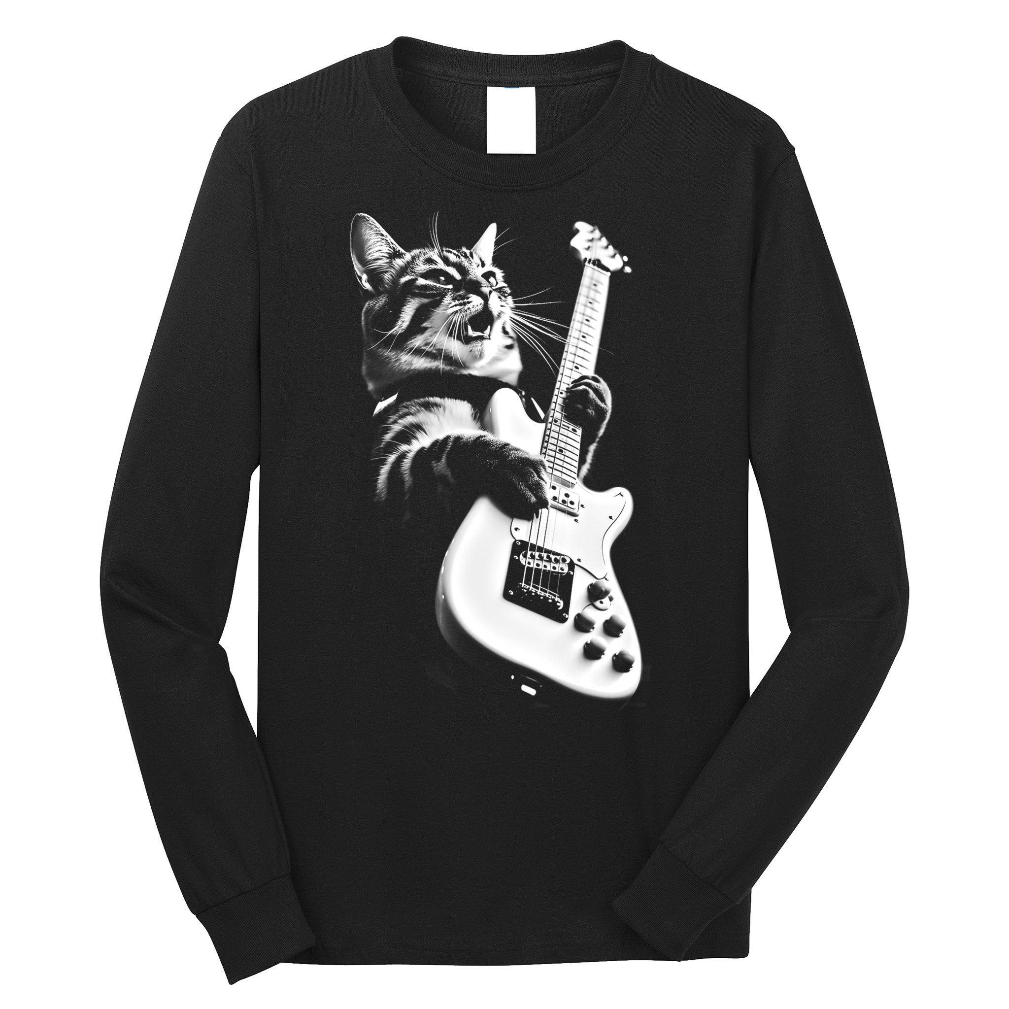 Rock Cat Playing Guitar Funny Guitar Cat Long Sleeve Shirt
