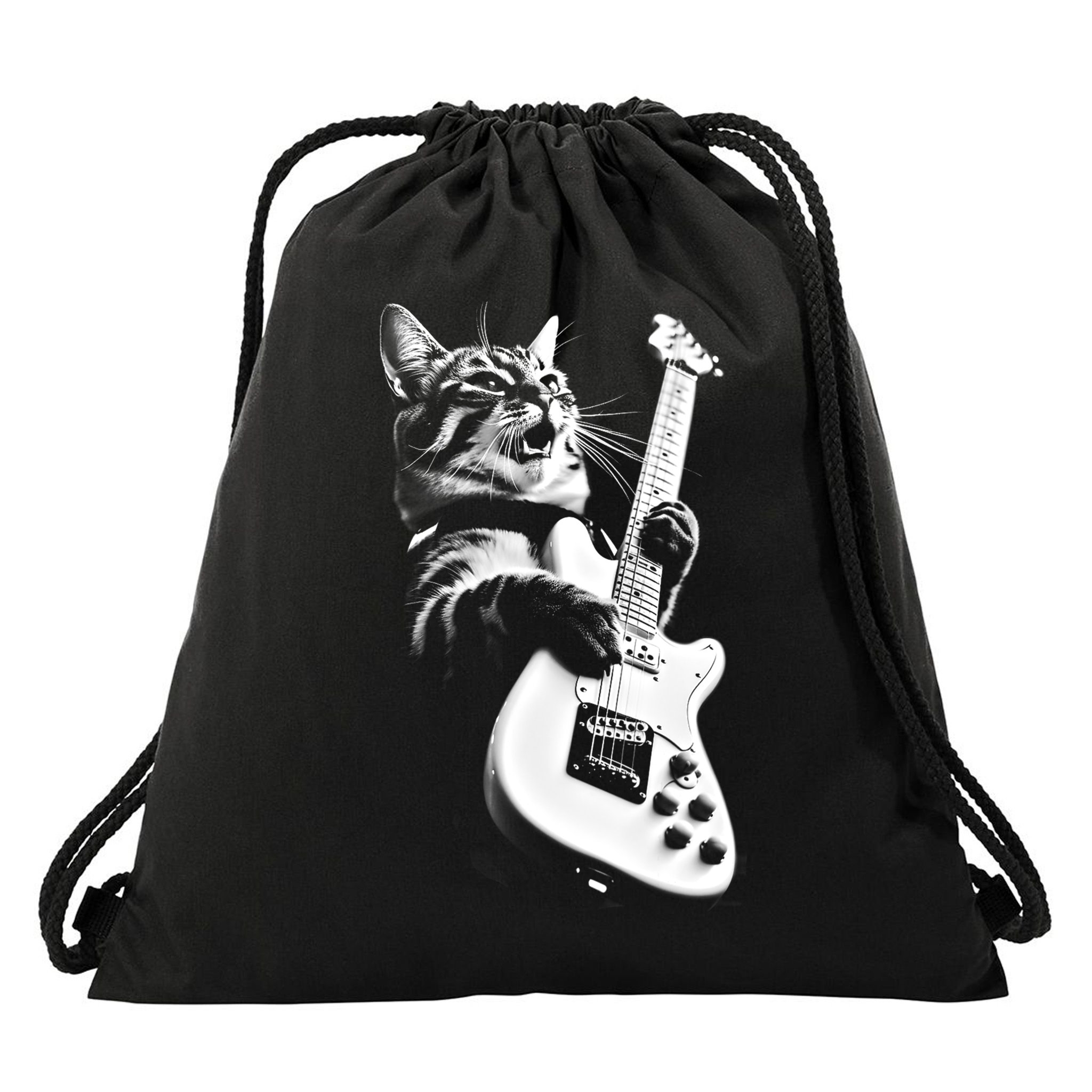 Rock Cat Playing Guitar Funny Guitar Cat Drawstring Bag
