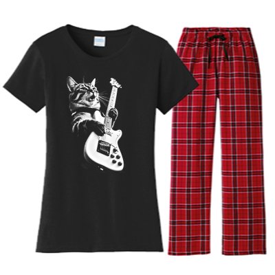 Rock Cat Playing Guitar Funny Guitar Cat Women's Flannel Pajama Set