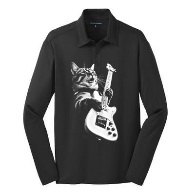 Rock Cat Playing Guitar Funny Guitar Cat Silk Touch Performance Long Sleeve Polo