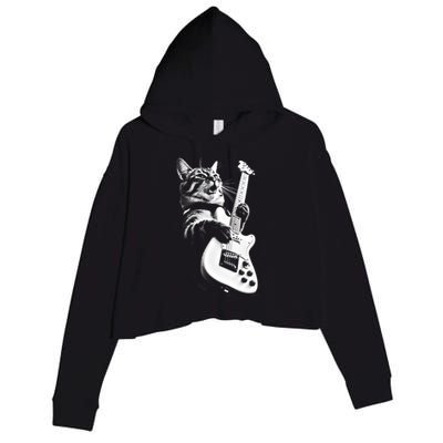 Rock Cat Playing Guitar Funny Guitar Cat Crop Fleece Hoodie