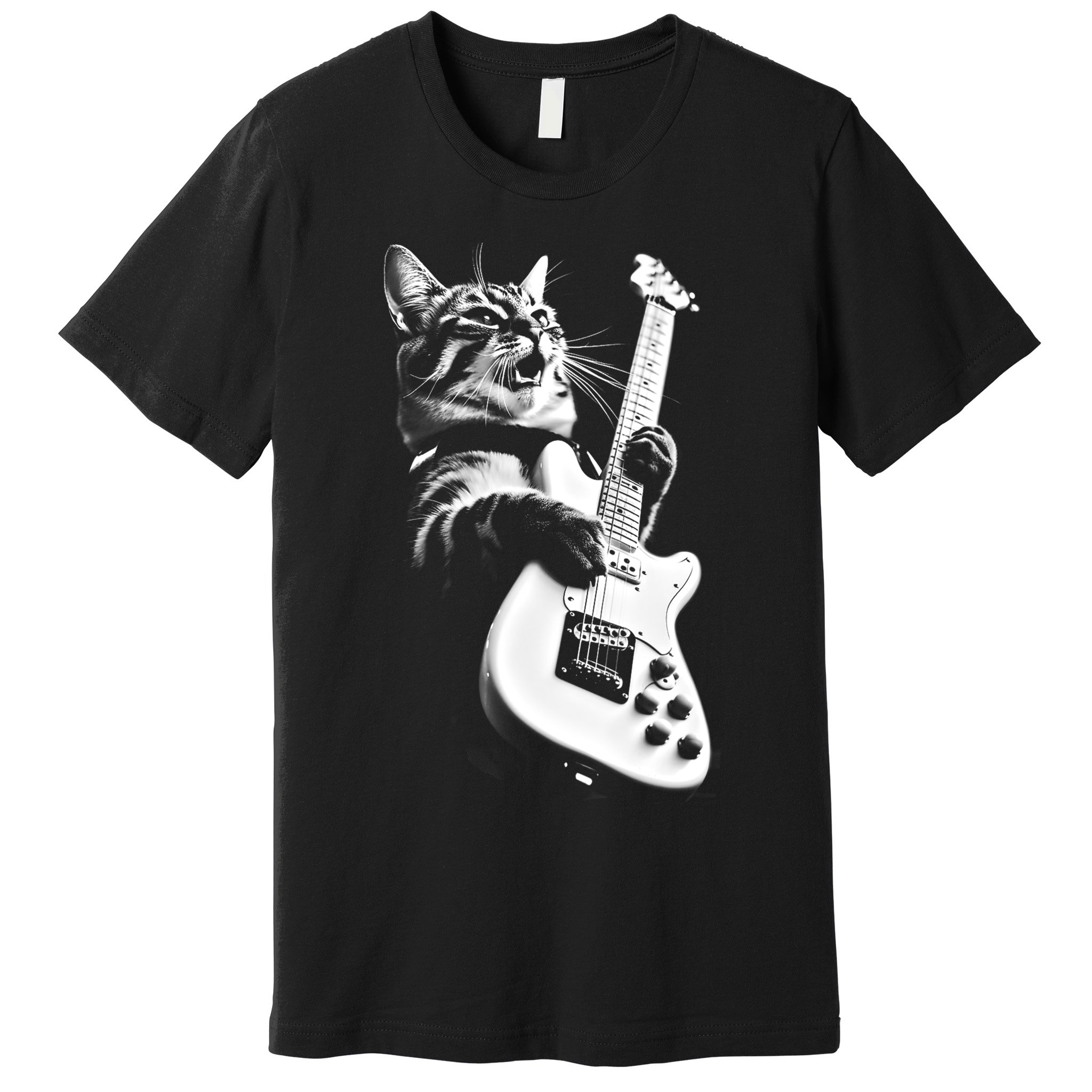Rock Cat Playing Guitar Funny Guitar Cat Premium T-Shirt