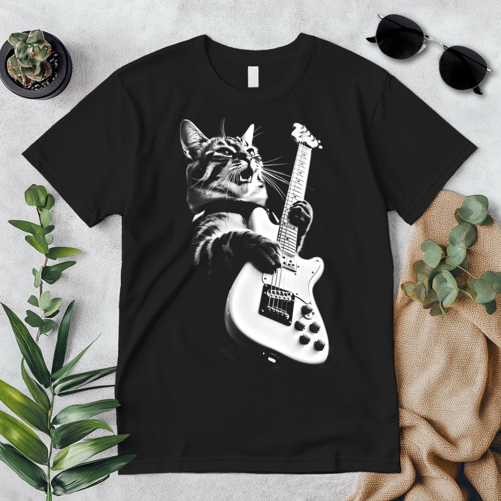 Rock Cat Playing Guitar Funny Guitar Cat Premium T-Shirt