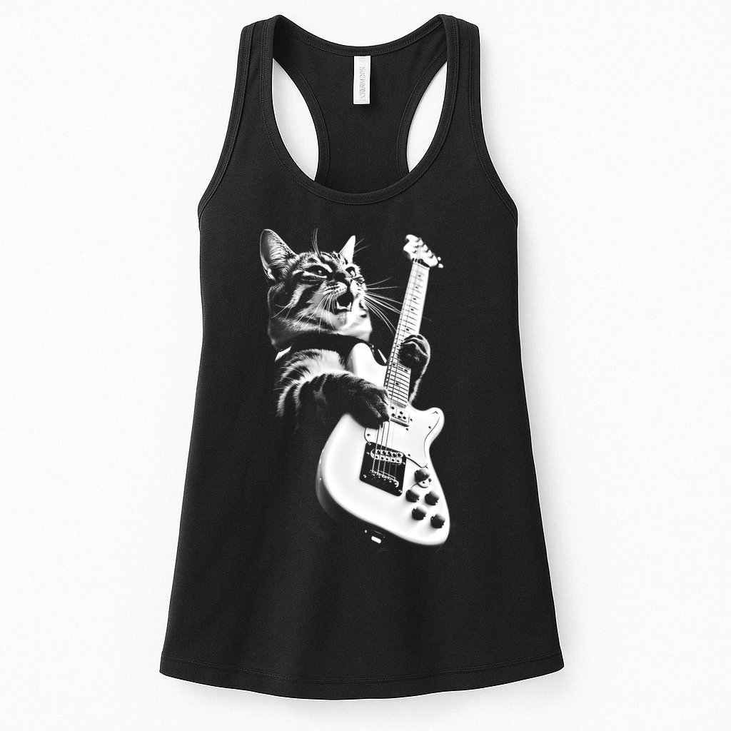 Rock Cat Playing Guitar Funny Guitar Cat Womens Tank Top