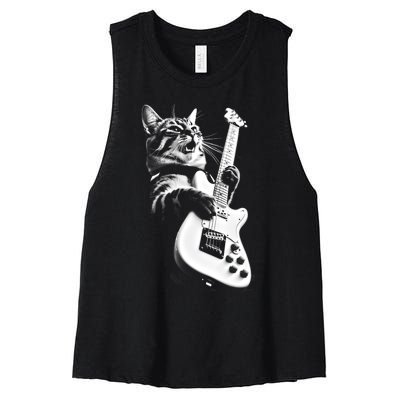 Rock Cat Playing Guitar Funny Guitar Cat Women's Racerback Cropped Tank