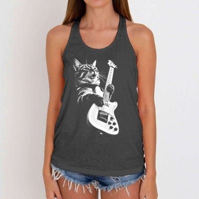 Rock Cat Playing Guitar Funny Guitar Cat Women's Knotted Racerback Tank