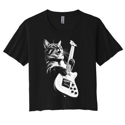 Rock Cat Playing Guitar Funny Guitar Cat Women's Crop Top Tee