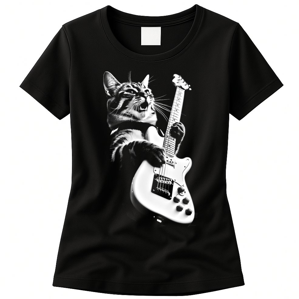 Rock Cat Playing Guitar Funny Guitar Cat Womens T-Shirt