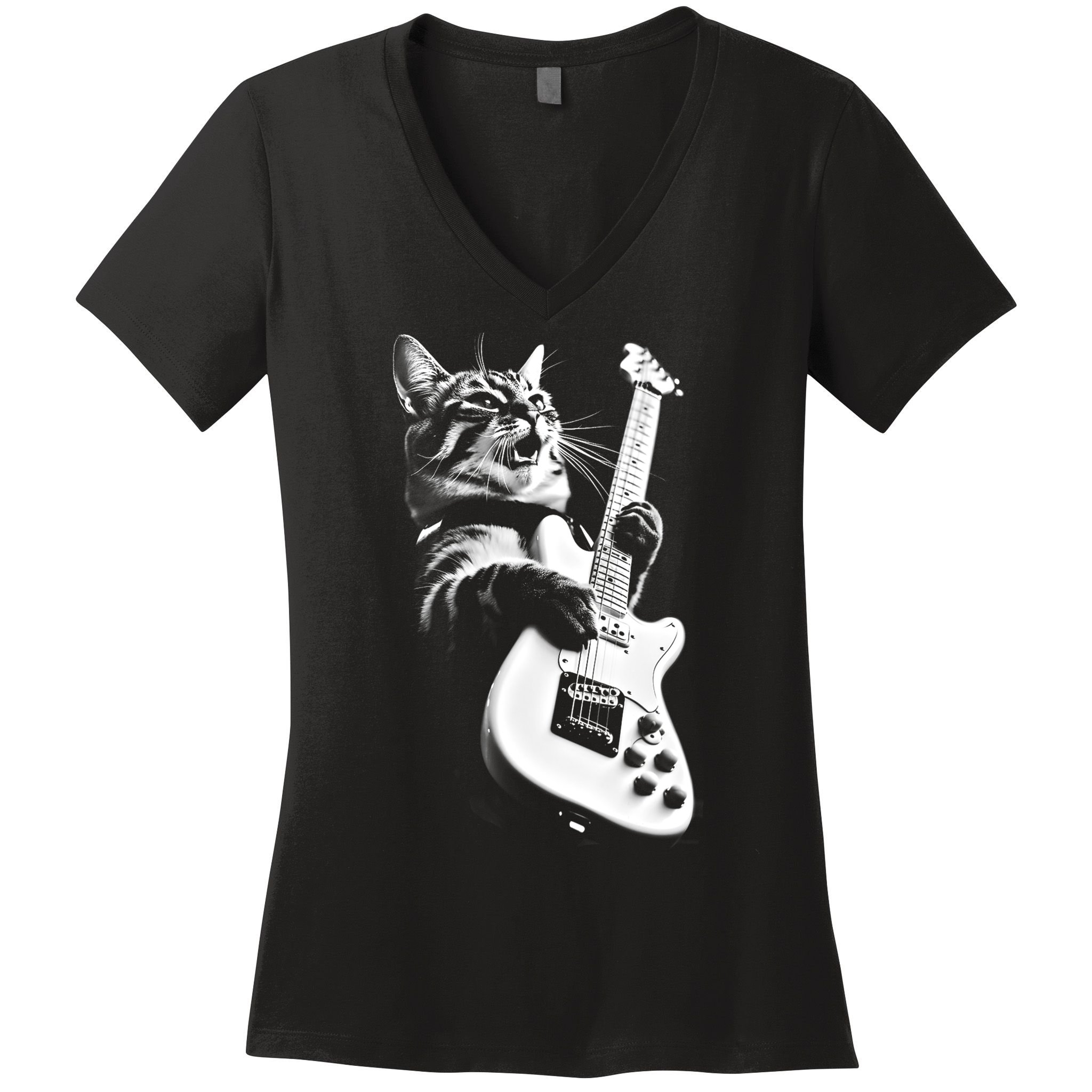 Rock Cat Playing Guitar Funny Guitar Cat Women's V-Neck T-Shirt