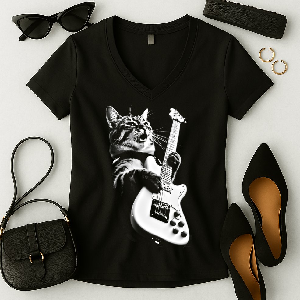 Rock Cat Playing Guitar Funny Guitar Cat Women's V-Neck T-Shirt