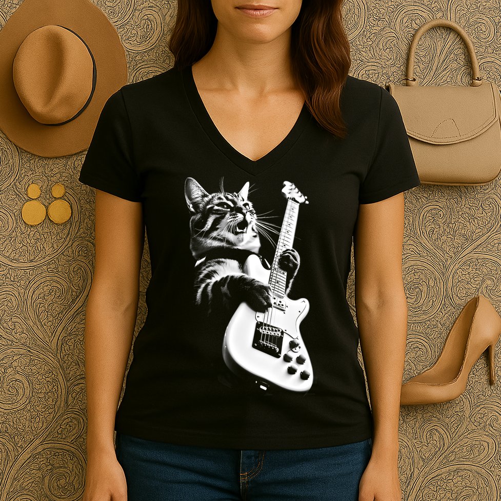 Rock Cat Playing Guitar Funny Guitar Cat Women's V-Neck T-Shirt