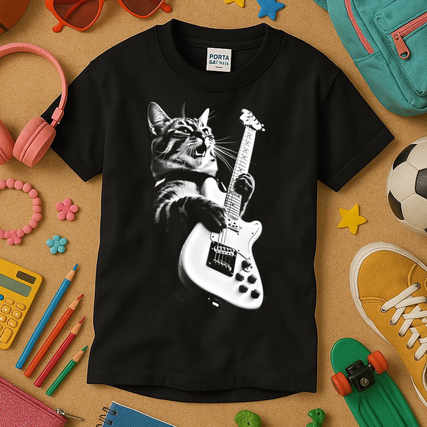 Rock Cat Playing Guitar Funny Guitar Cat Kids T-Shirt