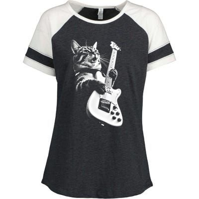 Rock Cat Playing Guitar Funny Guitar Cat Enza Ladies Jersey Colorblock Tee