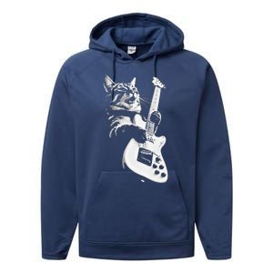 Rock Cat Playing Guitar Funny Guitar Cat Performance Fleece Hoodie