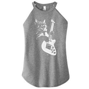 Rock Cat Playing Guitar Funny Guitar Cat Women's Perfect Tri Rocker Tank