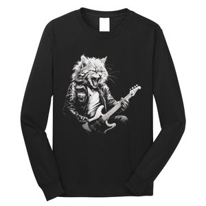 Rock Cat Playing Guitar Funny Guitar Cat Design Long Sleeve Shirt