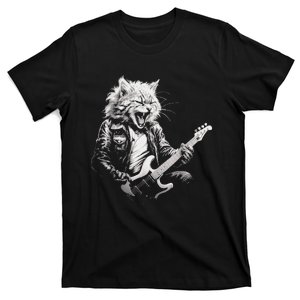 Rock Cat Playing Guitar Funny Guitar Cat Design T-Shirt