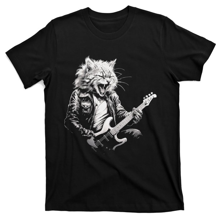 Rock Cat Playing Guitar Funny Guitar Cat Design T-Shirt