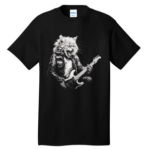 Rock Cat Playing Guitar Funny Guitar Cat Design Tall T-Shirt