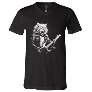 Rock Cat Playing Guitar Funny Guitar Cat Design V-Neck T-Shirt