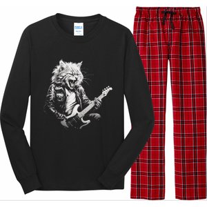 Rock Cat Playing Guitar Funny Guitar Cat Design Long Sleeve Pajama Set