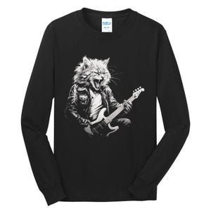 Rock Cat Playing Guitar Funny Guitar Cat Design Tall Long Sleeve T-Shirt