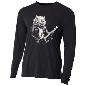 Rock Cat Playing Guitar Funny Guitar Cat Design Cooling Performance Long Sleeve Crew