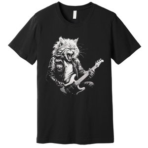 Rock Cat Playing Guitar Funny Guitar Cat Design Premium T-Shirt