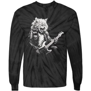 Rock Cat Playing Guitar Funny Guitar Cat Design Tie-Dye Long Sleeve Shirt